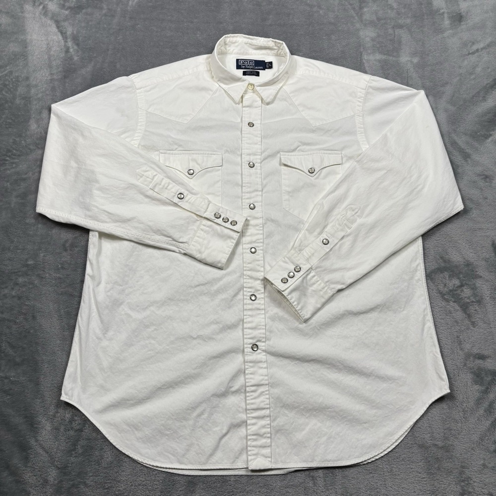 Vintage Polo Ralph Lauren Classic Western Corduroy Shirt Men L White Pearl Snap